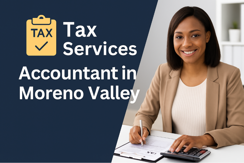 Smiling female accountant preparing tax documents at her desk – Tax Services: Accountant in Moreno Valley