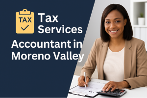 Smiling female accountant preparing tax documents at her desk – Tax Services: Accountant in Moreno Valley