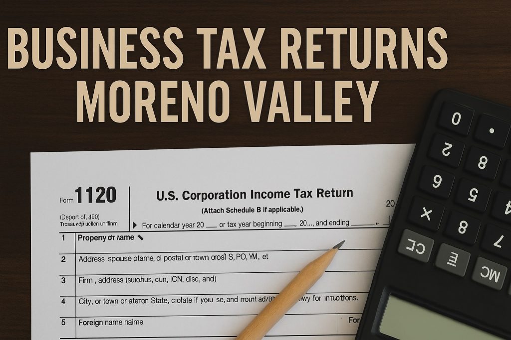 Business tax documents, calculator, and pencil on a desk with the words “Business Tax Returns Moreno Valley,” symbolizing professional tax services.
