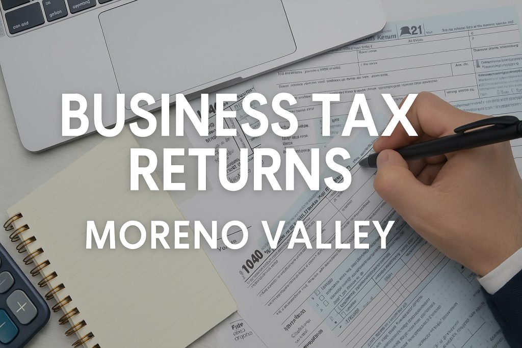 A promotional digital graphic for business tax return services in Moreno Valley, showing professional tax consultants reviewing documents in a clean office setting.