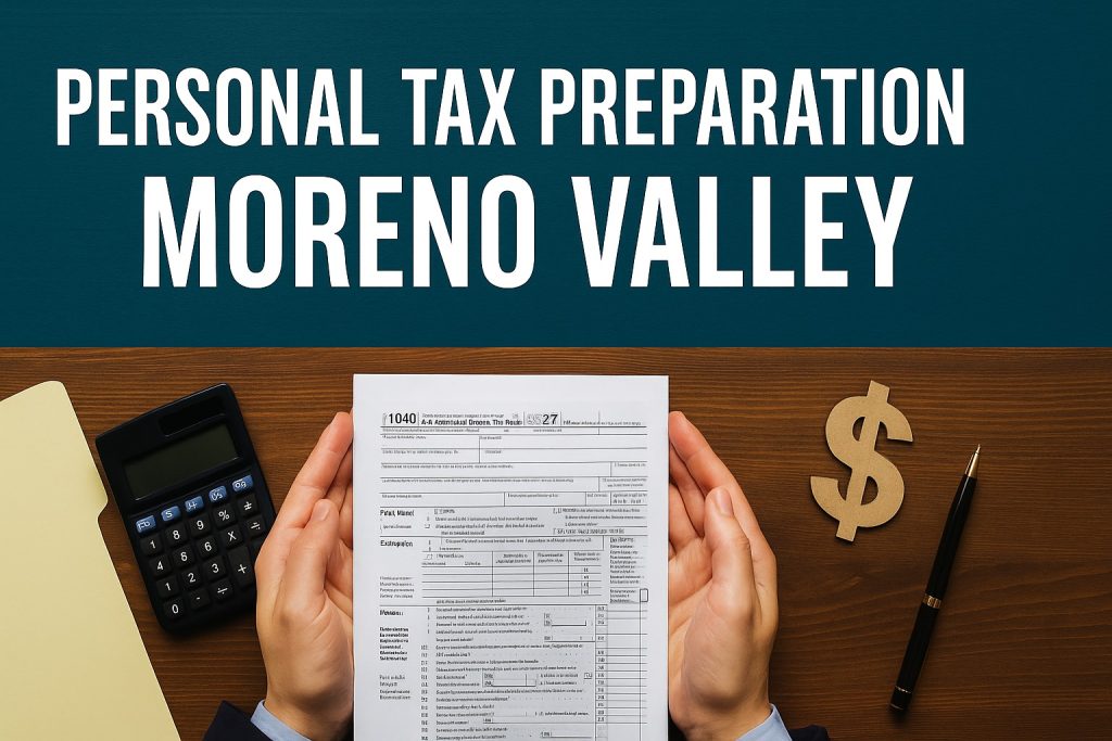Hands holding a 1040 tax form with calculator, pen, and dollar symbol on desk, with text “Personal Tax Preparation Moreno Valley.