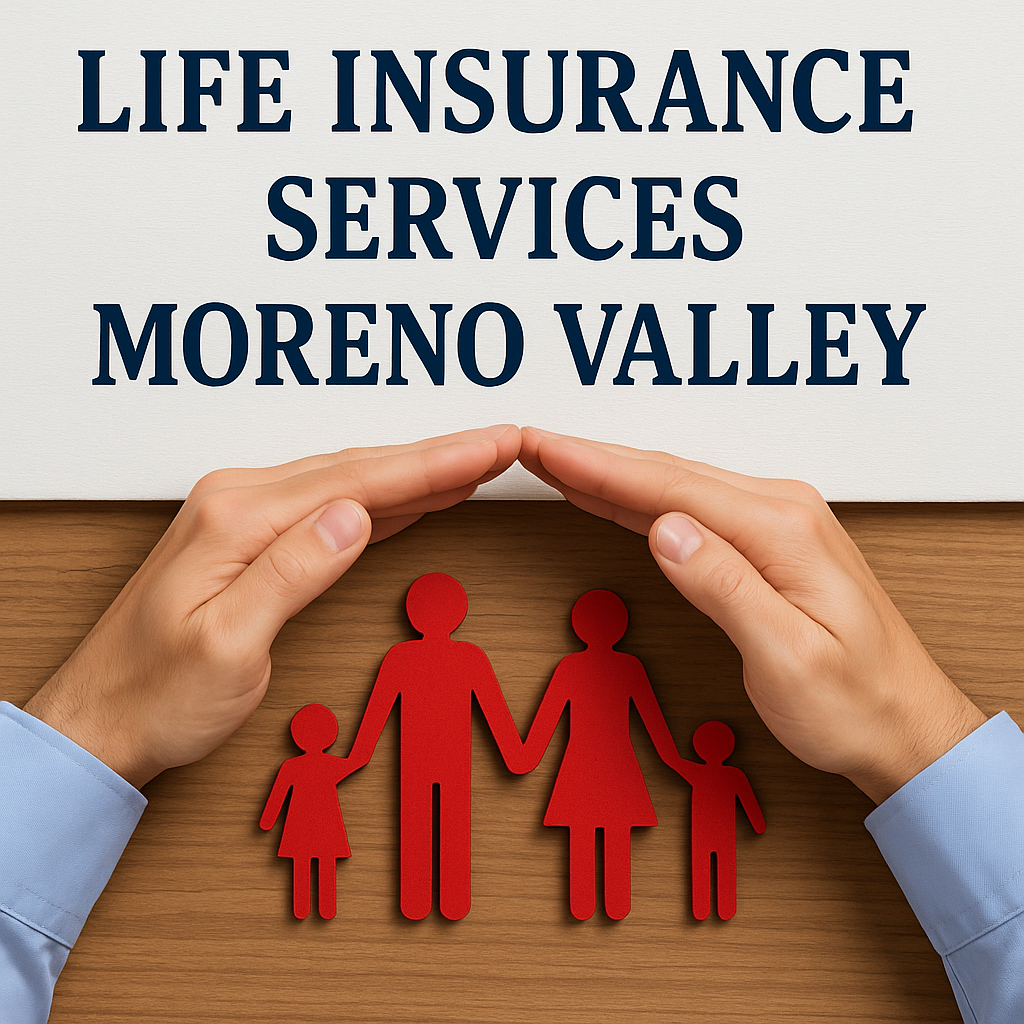 Hands protecting a red family cutout under the text “Life Insurance Services Moreno Valley,” symbolizing family protection and financial security.