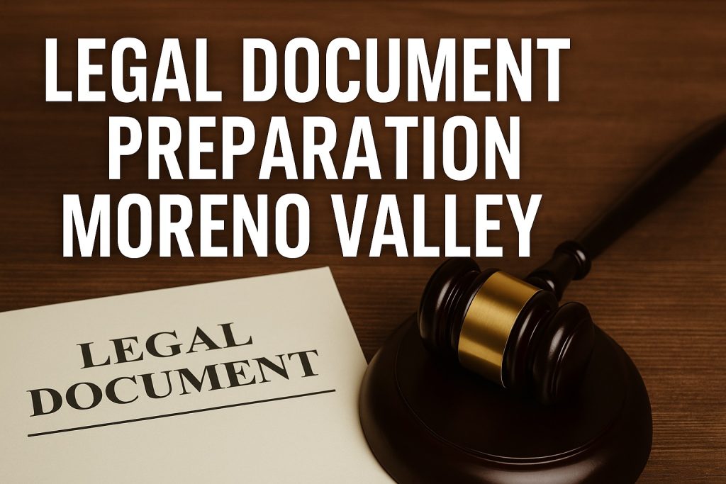 Legal Document Preparation Moreno Valley – professional service with legal paperwork and gavel symbolizing accuracy and trust.