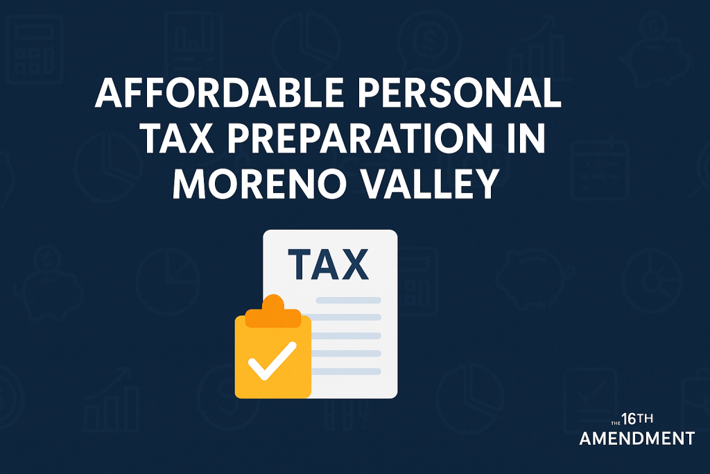A visual representation of personal tax preparation services in Moreno Valley, featuring forms, documents, and professional tax support.