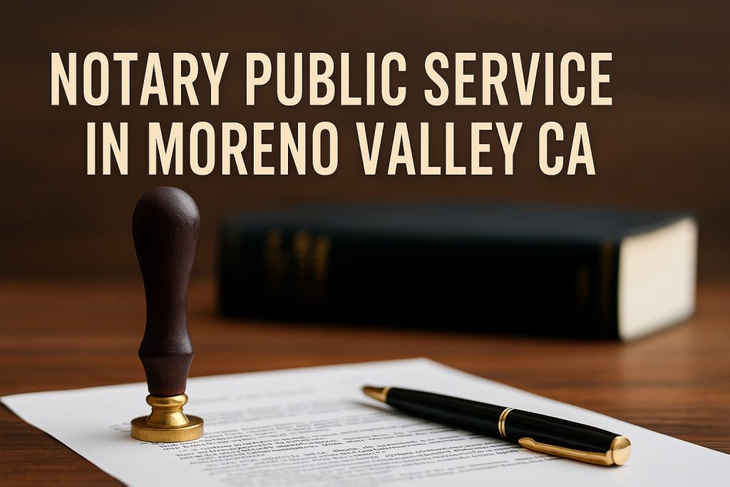 A notary stamp and pen placed on a legal document with the text “Notary Public Service in Moreno Valley CA,” symbolizing professional notarization services