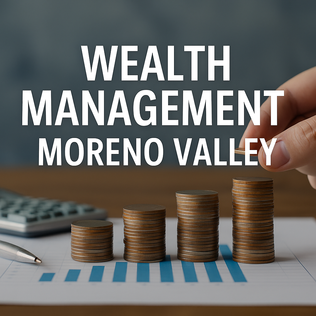 Stacks of coins on a financial growth chart with the text “Wealth Management Moreno Valley,” representing financial planning and investment services.