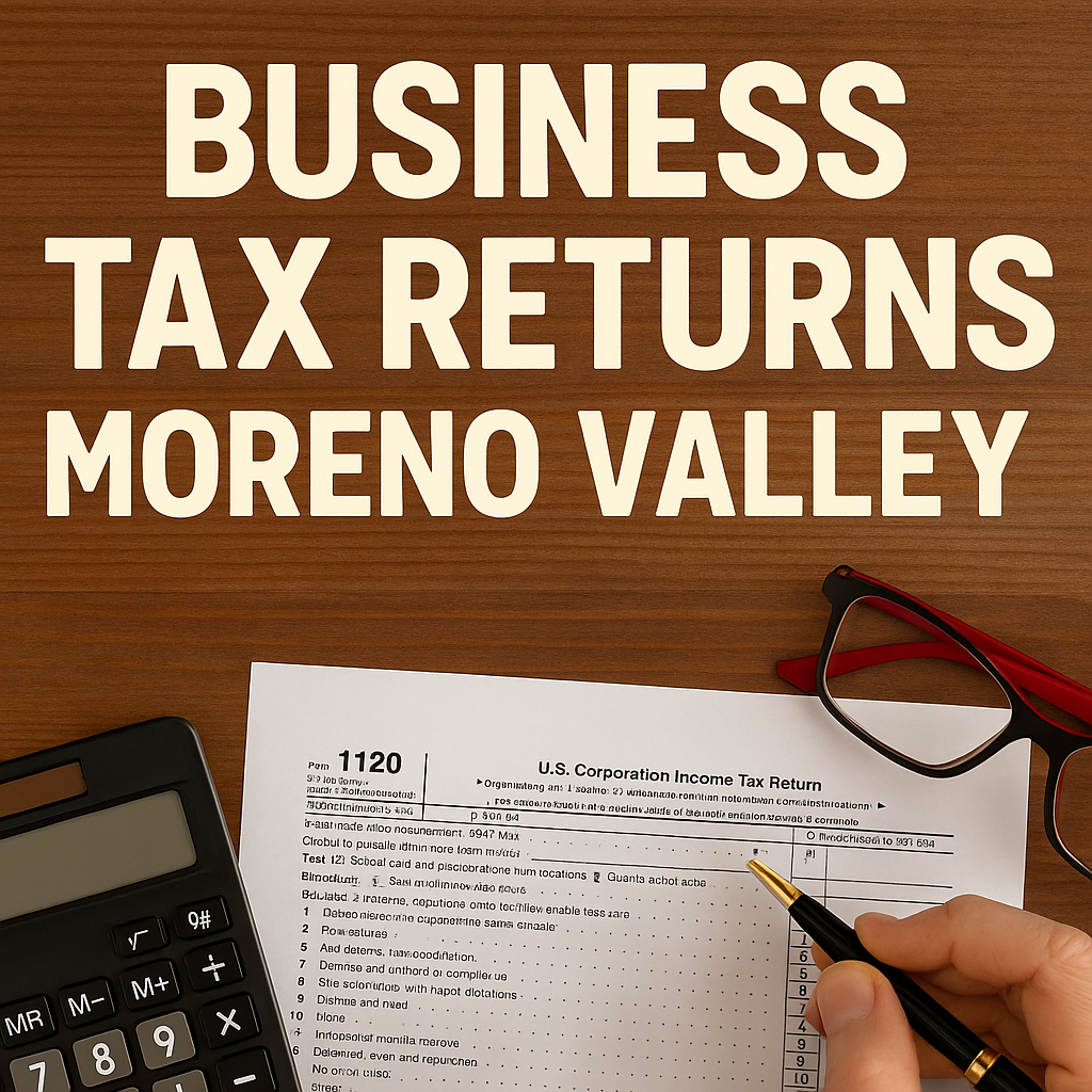 Business tax returns in Moreno Valley with calculator, tax form, and glasses on a desk representing professional filing services