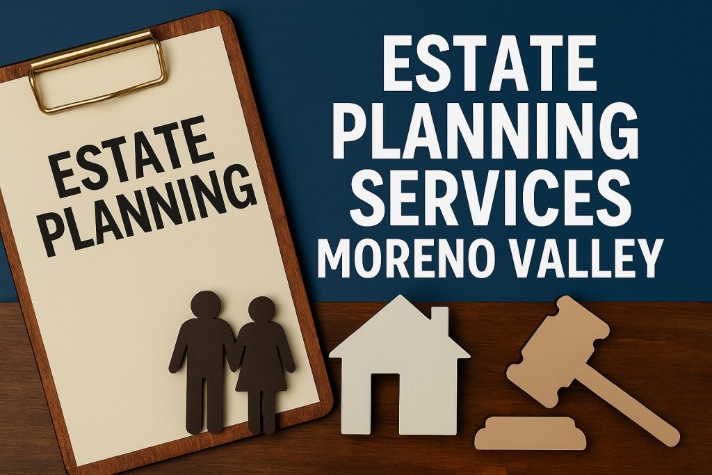 Estate planning services in Moreno Valley with legal documents, family icons, house symbol, and judge’s gavel representing trusted planning solutions.