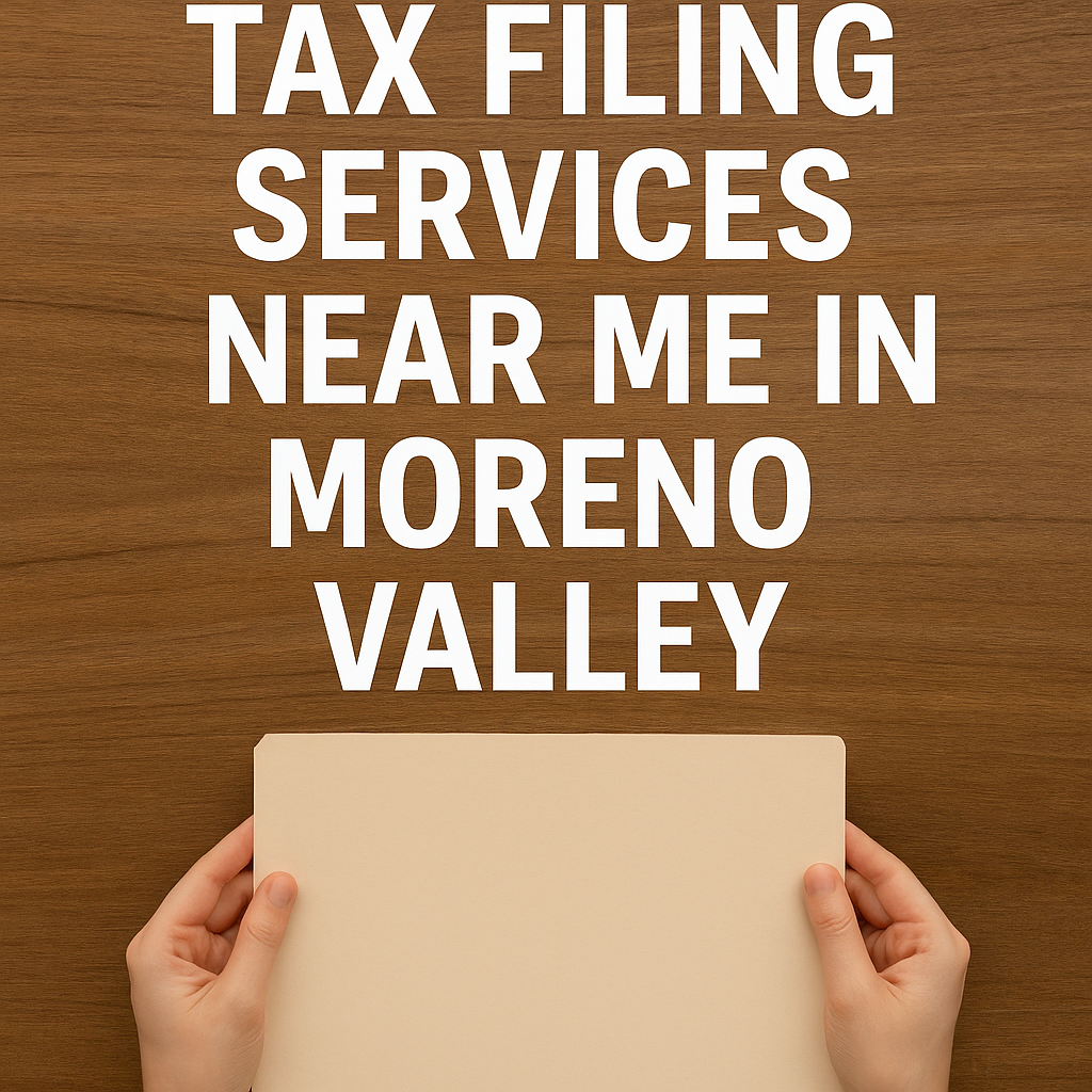 Hands holding a folder below the text “Tax Filing Services Near Me in Moreno Valley,” symbolizing professional tax preparation and filing services.