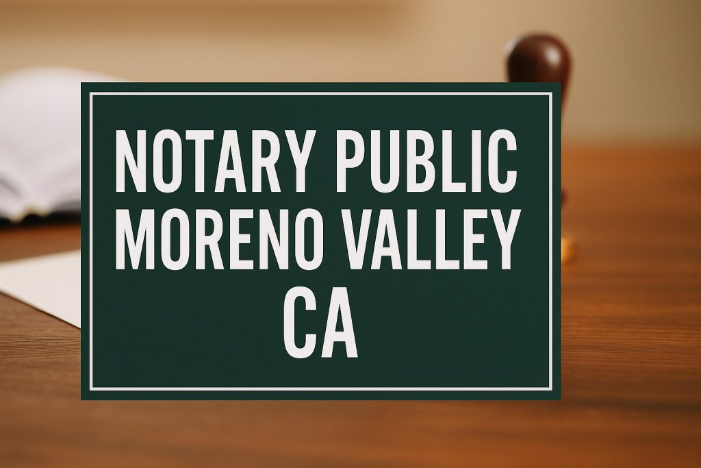 Professional featured image with a notary stamp and bold text “Notary Public Moreno Valley CA,” symbolizing trusted legal services.