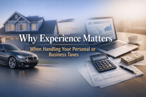 Experienced tax professional reviewing financial documents for personal and business tax preparation in Moreno Valley